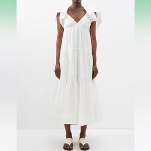 LA LIGNE Stella Ruffle Shoulder Open Back Linen Blend Midi Dress, Ivory M